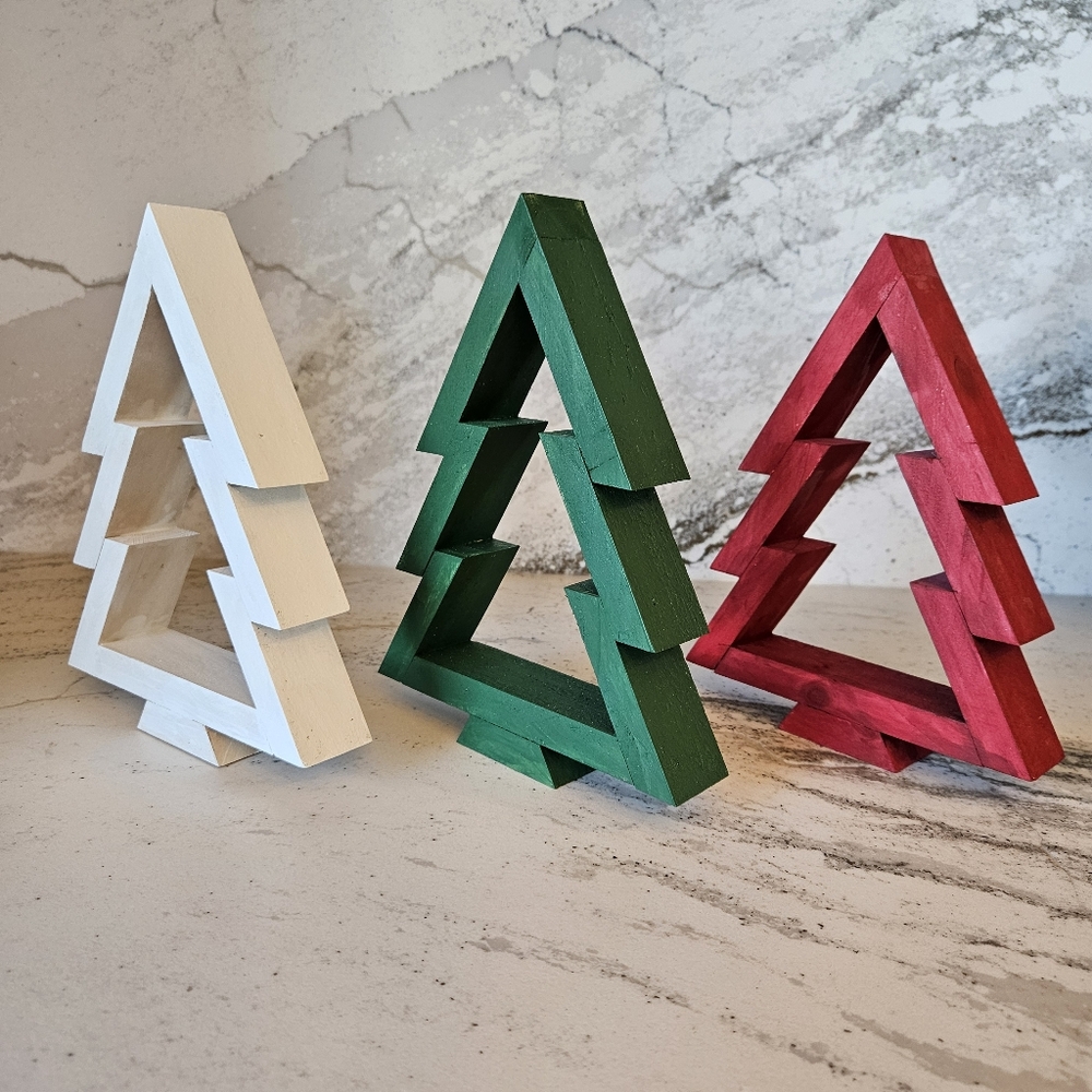 Handcrafted Festive Wooden Christmas Tree Set In Red Green and White - Picture 2 of 5
